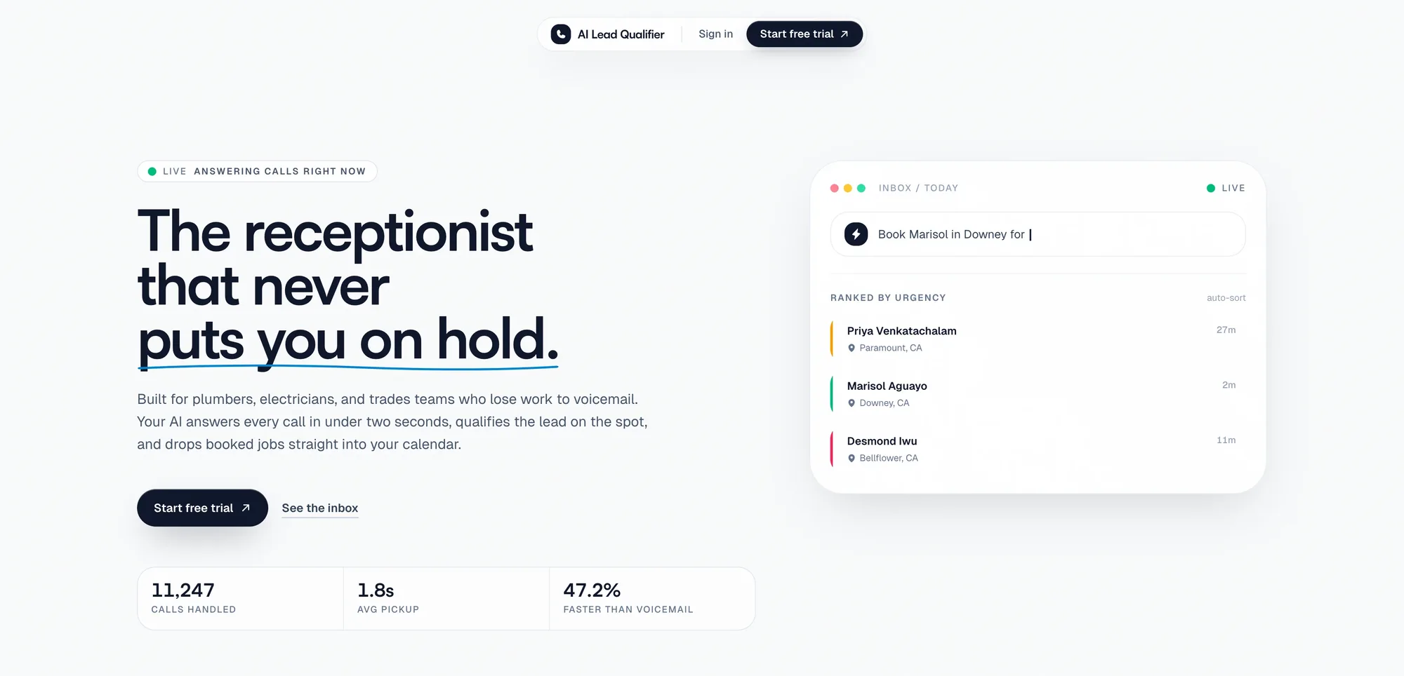 AI Lead Qualifier landing page with the live inbox of calls ranked by urgency