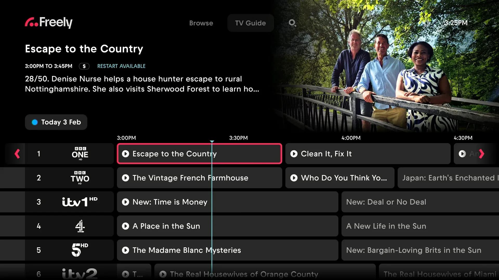 Freely live TV Guide showing channel rows, programme times and a featured Escape to the Country preview