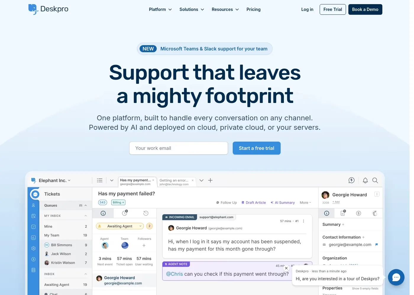 Deskpro corporate website homepage with the hero headline and a product screenshot below